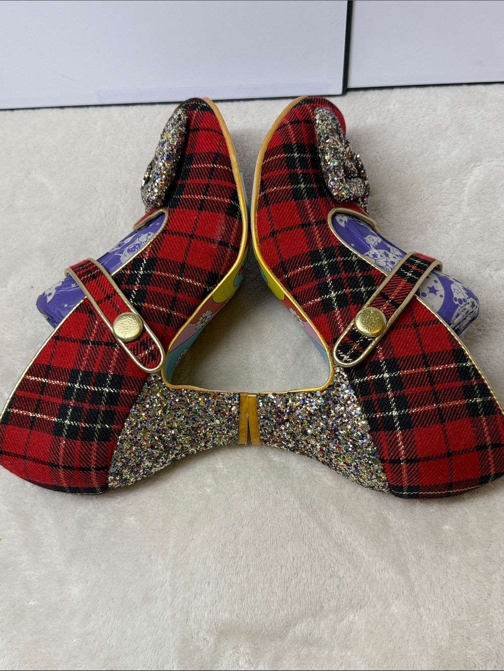 Irregular Choice "Piccolo" Red Tartan Mid Heels w/ Glitter Bows & Hilda Sole 9 - Picture 4 of 12